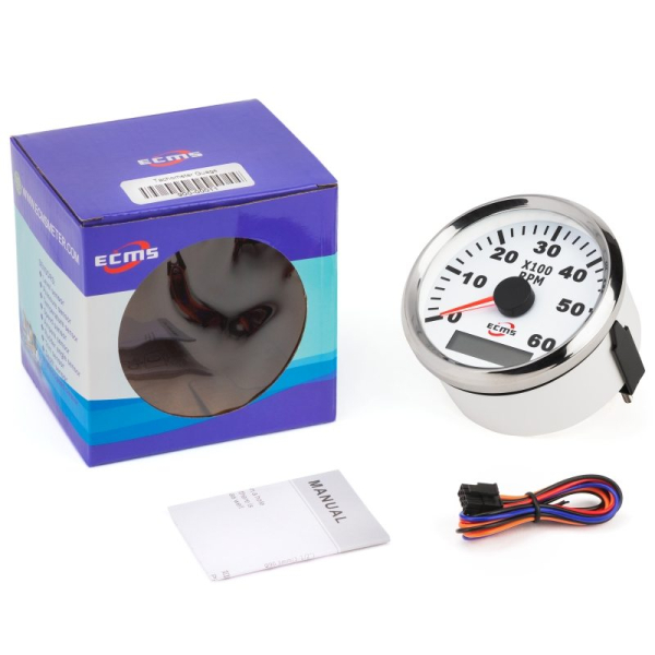 Тахометр с моточасами ECMS PMH3-WS-6K белый 85мм