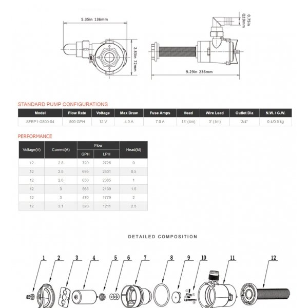 Аератор вертикальний 800GPH SFBP1-G800-04 Seaflo