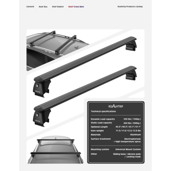 Поперечини на дах ROAHTRIP Heavy-duty 135 см, Bare Car Roof, 150/300 кг, алюміній, JYE135-JJ06
