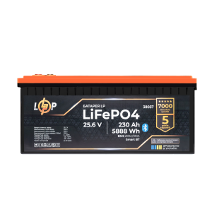 Акумулятор LP LiFePO4 25,6V - 230 Ah (5888Wh) (BMS 200A/100А) пластик Smart BT Акумулятор LP LiFePO4 25,6V - 230 Ah (5888Wh) (BMS 200A/100А) пластик Smart BT