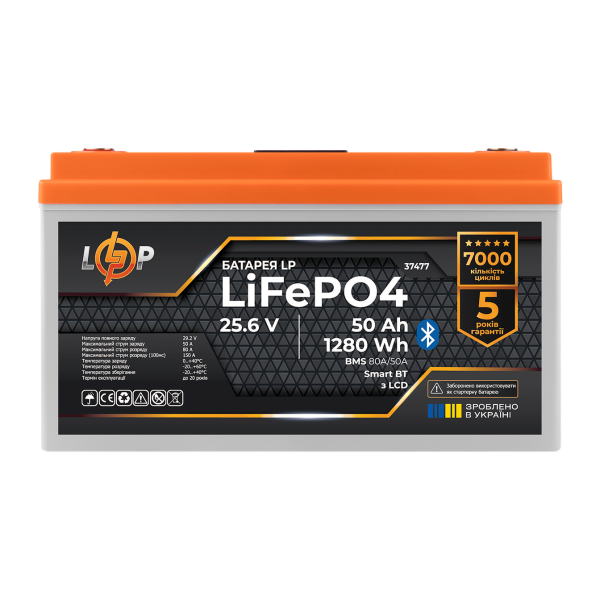 Аккумулятор LP LiFePO4 25,6V - 50 Ah (1280Wh) (BMS 80A/50А) пластик LCD Smart BT