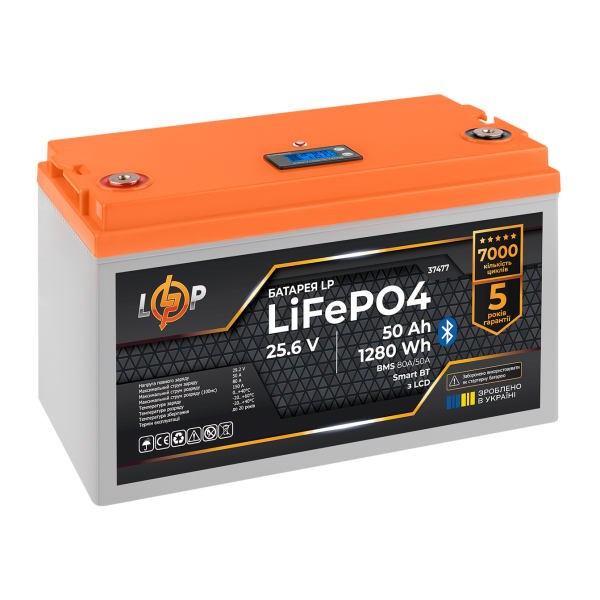 Аккумулятор LP LiFePO4 25,6V - 50 Ah (1280Wh) (BMS 80A/50А) пластик LCD Smart BT