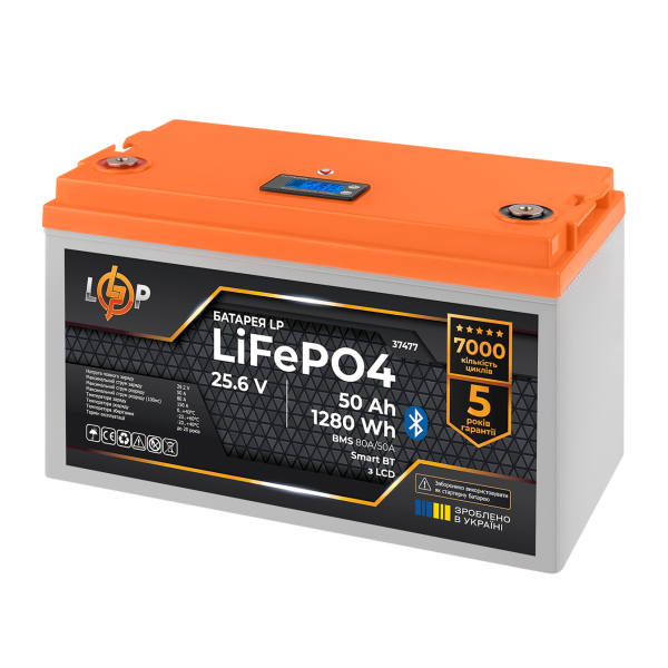 Аккумулятор LP LiFePO4 25,6V - 50 Ah (1280Wh) (BMS 80A/50А) пластик LCD Smart BT