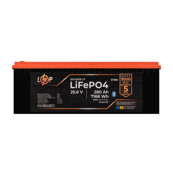 Акумулятор LP LiFePO4 25,6V - 280 Ah (7168Wh) (BMS 200A/200А) пластик Smart BT