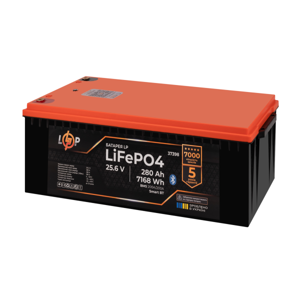 Акумулятор LP LiFePO4 25,6V - 280 Ah (7168Wh) (BMS 200A/200А) пластик Smart BT
