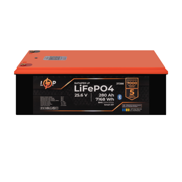 Аккумулятор LP LiFePO4 25,6V - 280 Ah (7168Wh) (BMS 200A/200А) пластик Smart BT