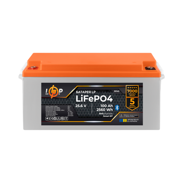 Аккумулятор LP LiFePO4 25,6V - 100 Ah (2560Wh) (BMS 80А/50) пластик Smart BT
