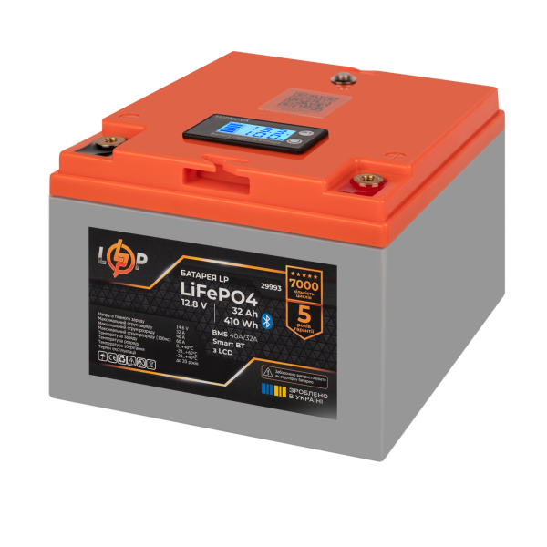 Аккумулятор LP LiFePO4 12,8V - 32 Ah (410Wh) (BMS 40А/32A) пластик LCD Smart BT