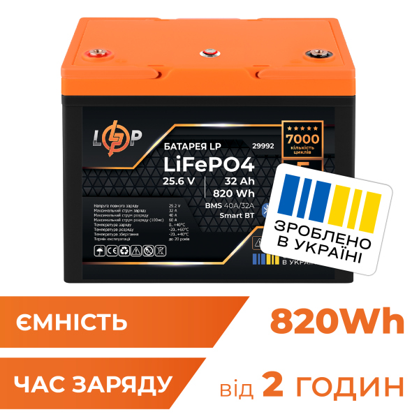 Аккумулятор LP LiFePO4 25,6V - 32 Ah (820Wh) (BMS 40A/32А) пластик Smart BT