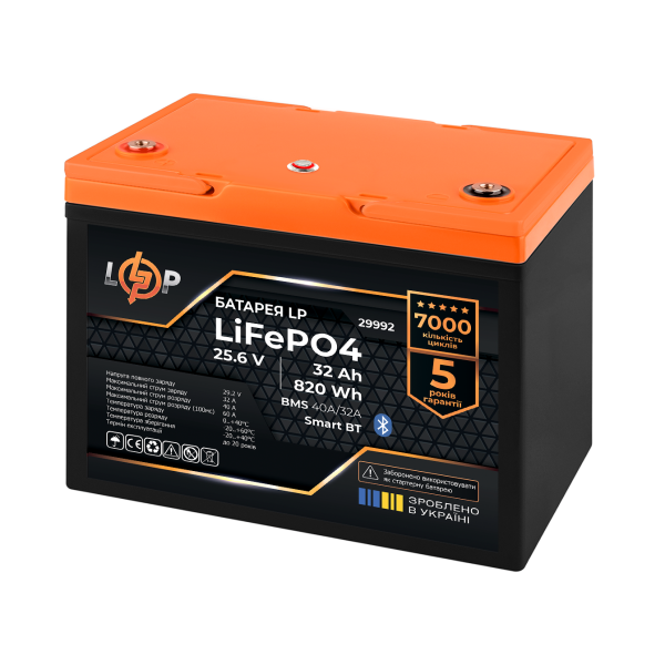 Аккумулятор LP LiFePO4 25,6V - 32 Ah (820Wh) (BMS 40A/32А) пластик Smart BT