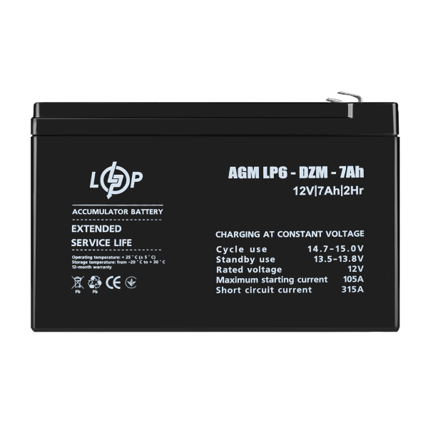 Тяговий свинцево-кислотний AGM акумулятор LP 6-DZM-7 Ah