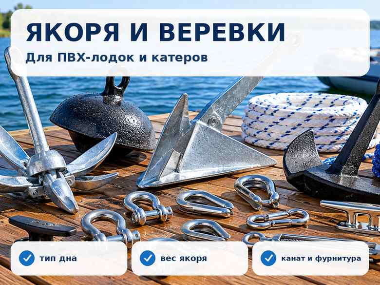 Якоря разных типов, якорные веревки, кнехты и фурнитура для лодки