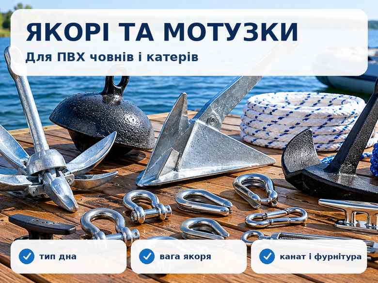 Якорі різних типів, якірні мотузки, кнехти та фурнітура для човна