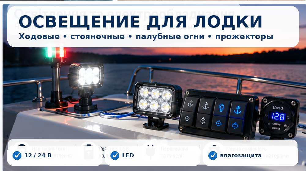 Навигационные, ходовые, стояночные огни и прожекторы для лодки и катера