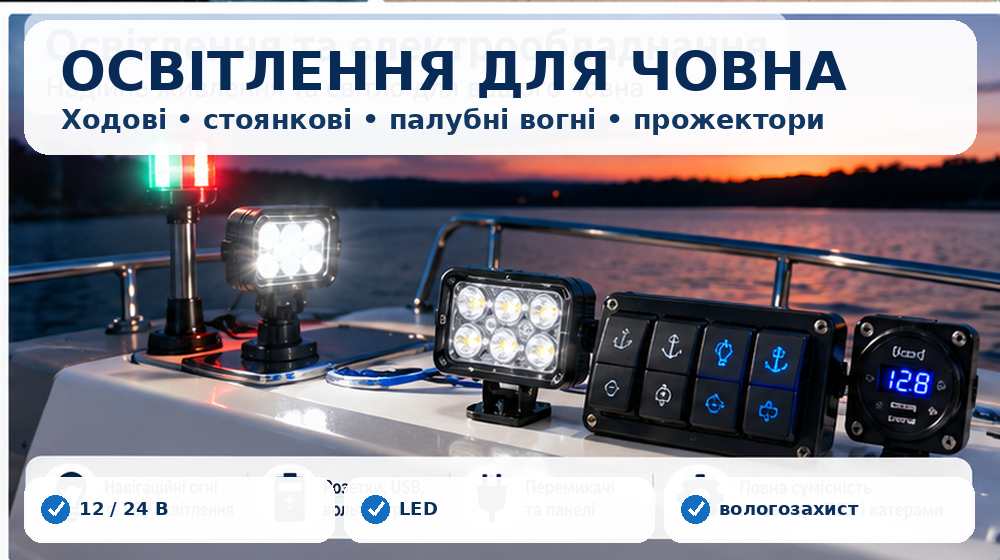 Навігаційні, ходові, стоянкові вогні та прожектори для човна і катера