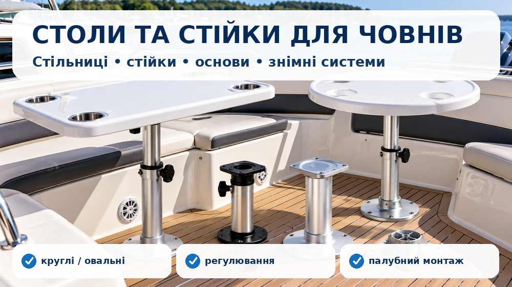 Човнові столи, стільниці, стійки й основи для палубного монтажу