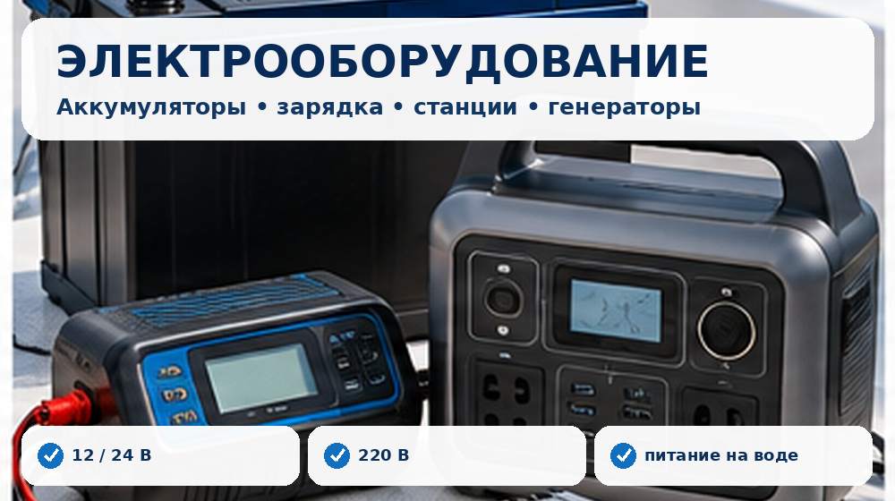 Аккумуляторы, зарядные устройства, станции и электрооборудование для лодки и отдыха