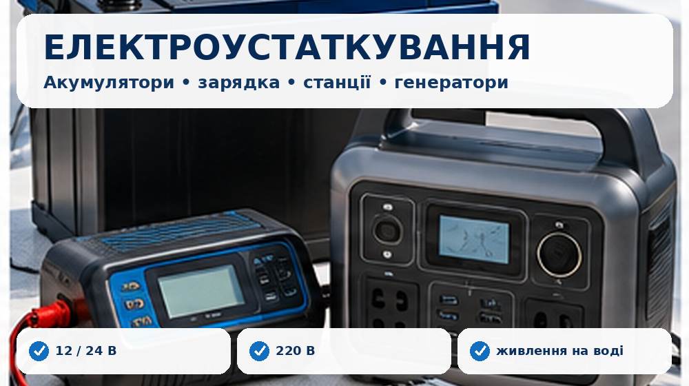 Акумулятори, зарядні пристрої, зарядні станції та електроустаткування для човна і відпочинку