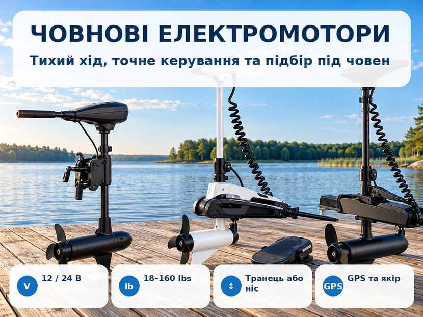 Човнові електромотори: 12 і 24 В, транцеві та носові моделі
