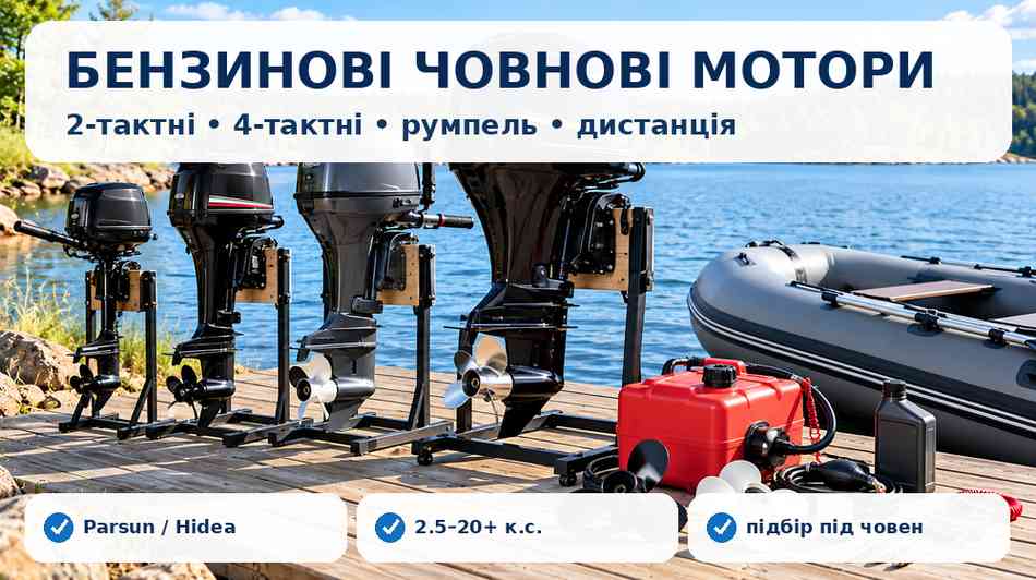 Бензинові підвісні човнові мотори різної потужності для човнів ПВХ і катерів