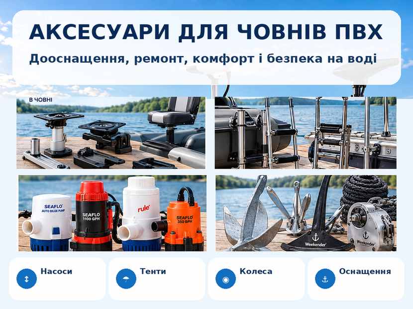 Аксесуари для надувних човнів ПВХ: насос, колеса, тент, оснащення