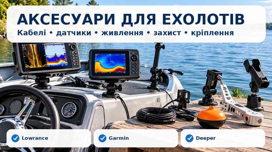 Аксесуари для ехолотів: датчики, кабелі, живлення, захист і кріплення